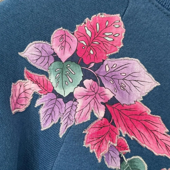 Vintage Granny Sweatshirt Womens M Blue Applique Leaves Double Collar Pullover - Picture 4 of 11